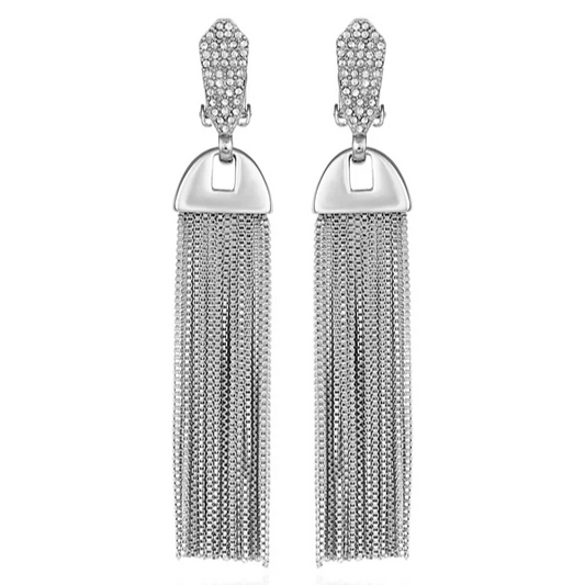 Vince Camuto Silvertone Pave Tassel Drop Clip On Earrings